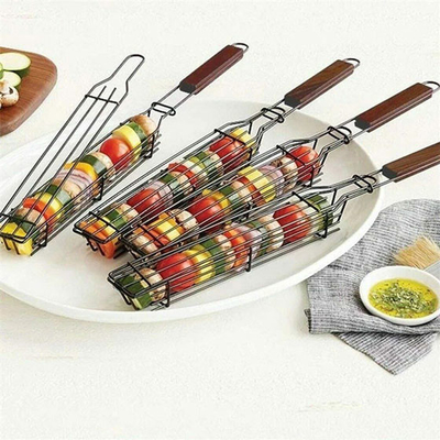 バスケットを焼く焦げ付き防止の木のハンドルBBQのグリルのバスケットのカバブ