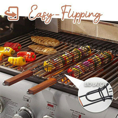 バスケットを焼く焦げ付き防止の木のハンドルBBQのグリルのバスケットのカバブ