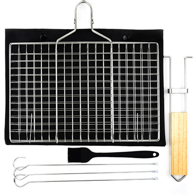 ハンドルが付いているグリルのバスケットを折るISO9001ステンレス鋼BBQの用具および付属品