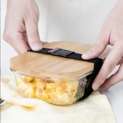 昇進のタケ ガラスBentoの伸縮性がある革紐が付いている箱によって分けられるお弁当箱